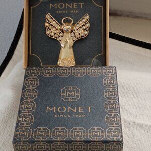 ❤️NIB NEW MONET Gold Enamel 28 Jeweled Angel Pin Brooch 1 1/2"